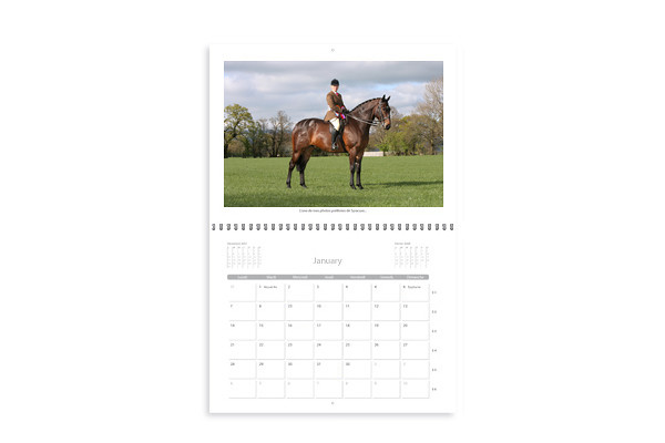 A3 double calendar 
 Available with black or white pages. Folded size 28cm x 21.8cm (approx A4), Open size 28cm x 43.6cm (approx A3), Month-to-view layout, 1 photo for every month of the year. 26 pages. 250gsm premium card, Durable transparent polypropyline cover, White or black metallic spiral binding to match page colour, Choice of start month, 8-10 working days for order to arrive. 45.00