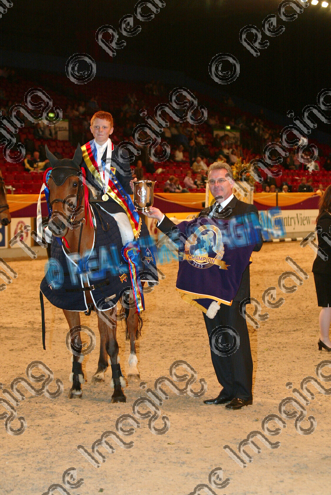 S05-66-T2-072 
 HOYS 2005: Blue Chip Junior Newcomers Champion 
 Keywords: horse of the year show 2005 05 hoys october 10 14 friday showjumping showjumper 192 Stainsby Style Matthew Sampson bay standing presentation rug trophy rosette 8 Blue Chip Junior Newcomers Champion