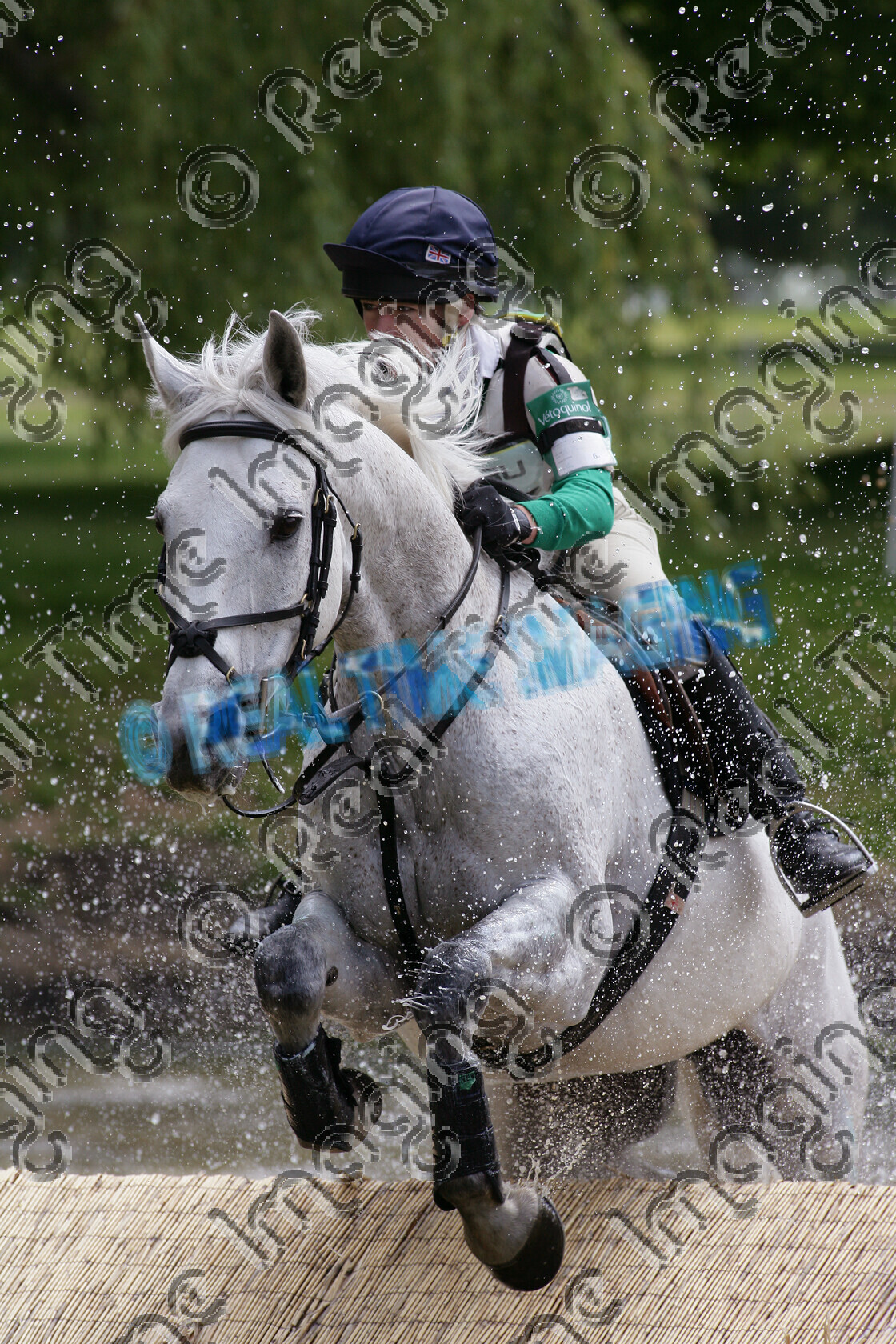 L01-01-01-039 
 208 
 Keywords: Houghton International 3 Day Event, Norfolk, UK, Saturday, 24 May, 2008, upright portrait, Subaru, CCI** two star, cross country, 208, WELTON WIZARD, `Owner: , Bowett, Mr Robert, `Rider: , Alex Postolowsky, white, grey gray, Gelding, fence, jump, water crossing splash, close up, horse equestrian equine sport
