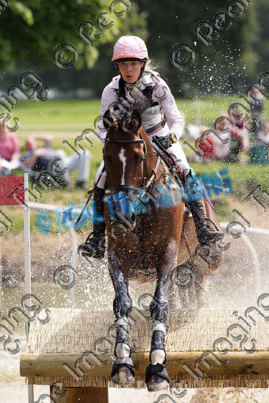 L01-01-01-171 
 223 
 Keywords: Houghton International 3 Day Event, Norfolk, UK, Saturday, 24 May, 2008, upright portrait, Subaru, CCI** two star, cross country, 223, SENSEI VAN DE VANNAHOEVE Z, `Owner: , `Rider: , Krista Brown, Bay, Gelding, fence, jump, water crossing splash, close up, horse equestrian equine sport