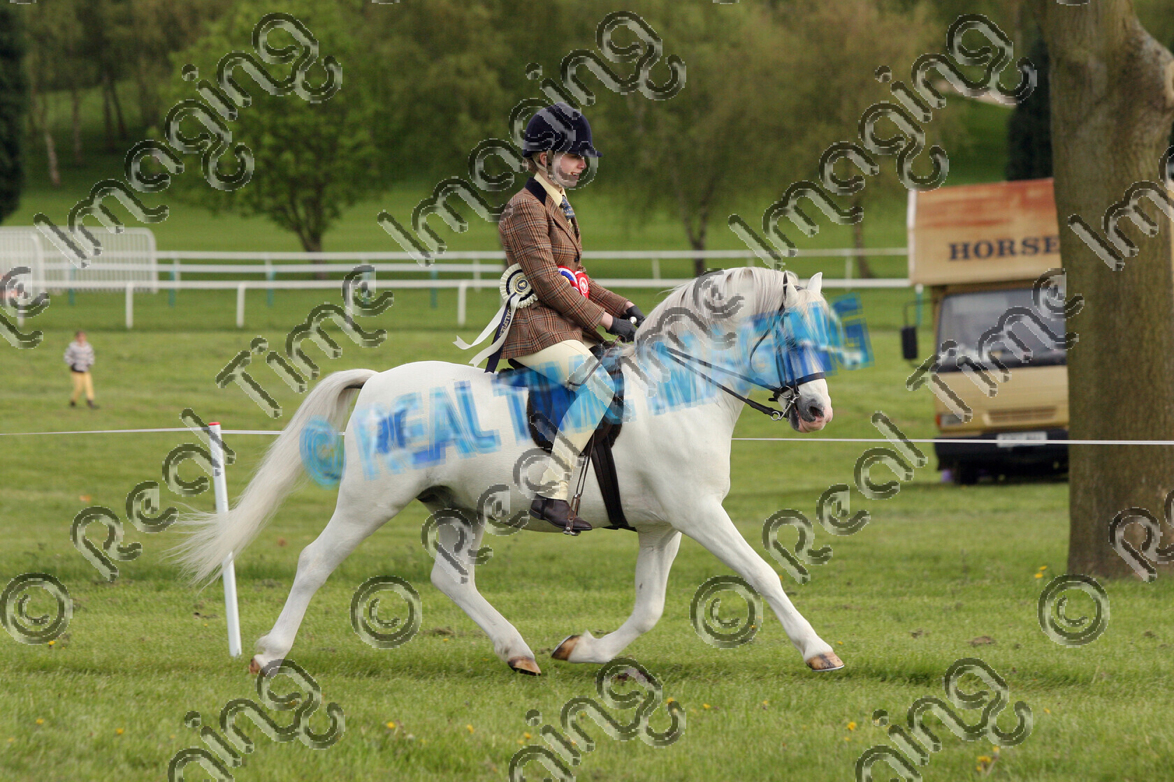 S09-17-12-015 
 Keywords: NCPA Spring Open Show, Uttoxeter Racecourse, UK, Sunday, 26, April, 2009, view landscape, BSPS, Heritage, Ridden, Mountain and Moorland M&M, Championship, 1st first, Champion, winner win won, 275, GARTCONNEL SHOOTING STAR, `Owner: , Russell. Mr J A, `Rider: , Catherine Hudson, grey gray, white, Native Breed, Supreme Ridden Championship, Rosette, trot, flat, lap of honour