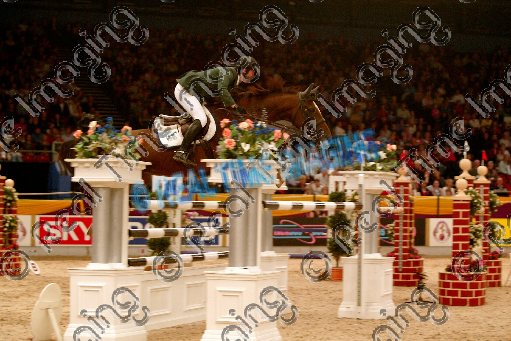 S05-67-T7-043 
 HOYS 2005: The Zinc Management Cup winner 
 Keywords: horse of the year show 2005 05 hoys saturday 15 10 october 21 Zinc Management Cup winner 95 Intermission Billy Twomey chestnut mare jump jumping fence action showjumping showjumper